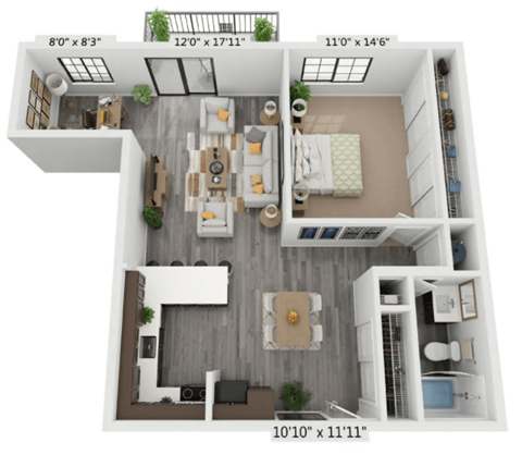 Floor plan for 1 bed, 1 bath, 747 sqft